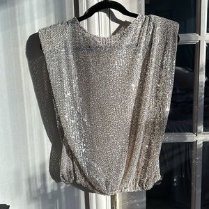 NWT Bucket List Sequin Shimmer Top with shoulder pads and cinched elastic waist